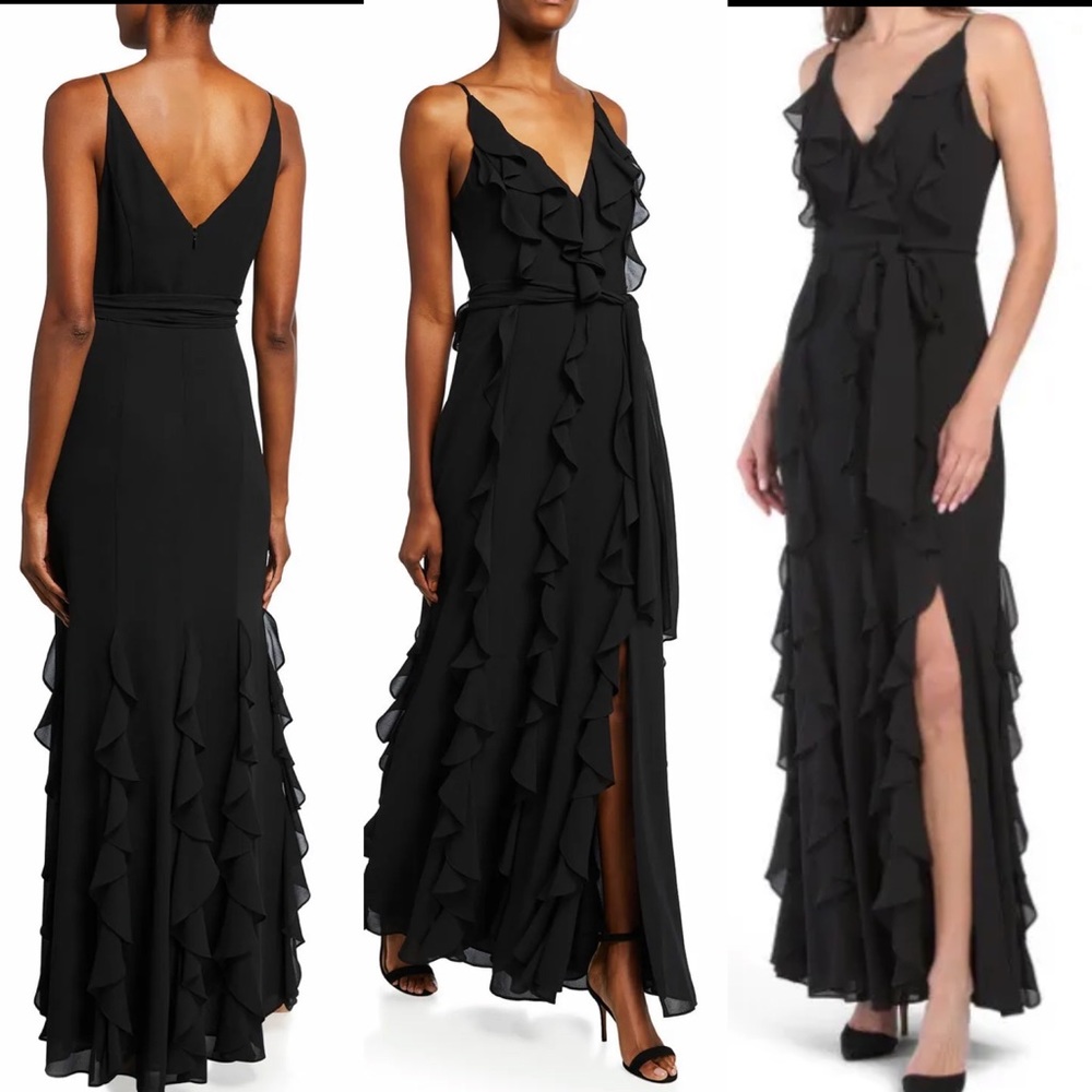 BADGLEY MISCHKA Black Ruffle Georgette Gown NWT size 8